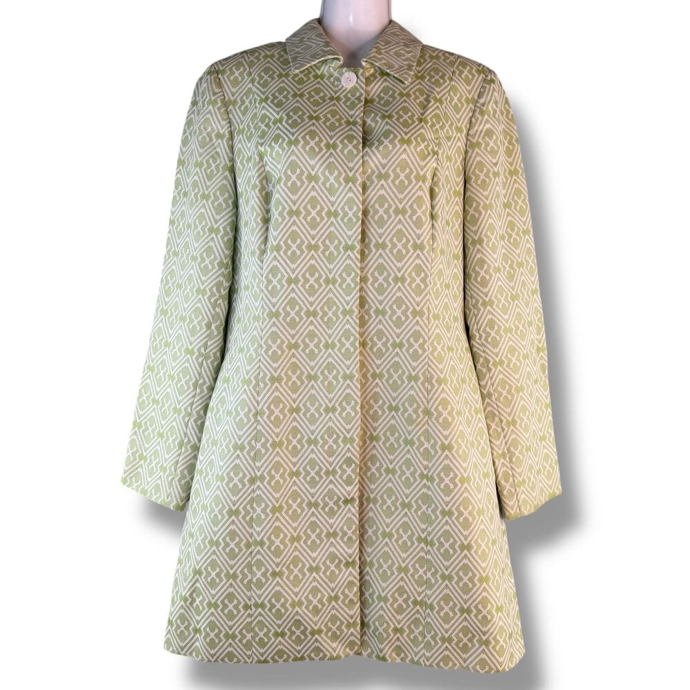 Vintage 'Enough About Me' Long Button Up Mint Green Art Deco 70s Coat Sz 6 Retro